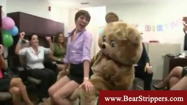 Bear stripper stuffs office girls mouths